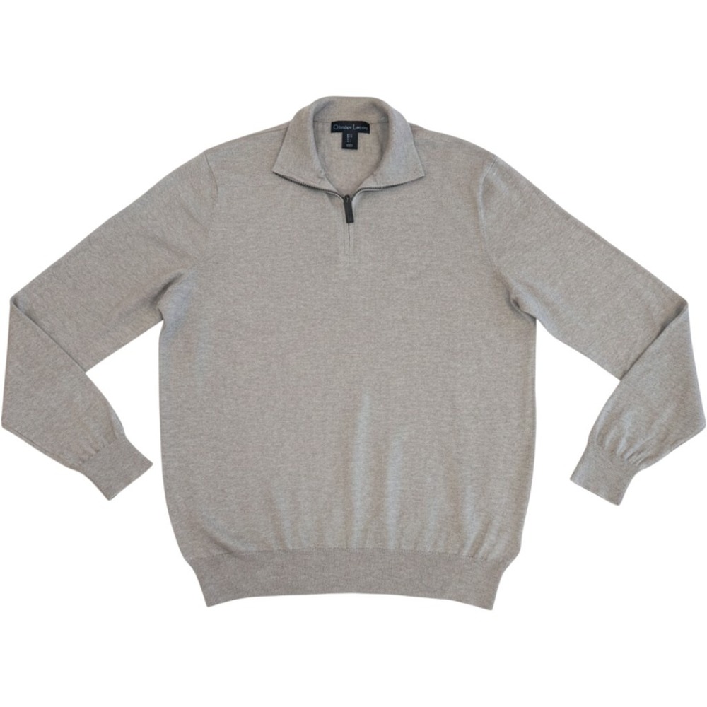Christian Lacroix Mens Pima Cotton Silk Cashmere Quarter Zip Sweater Tan Large